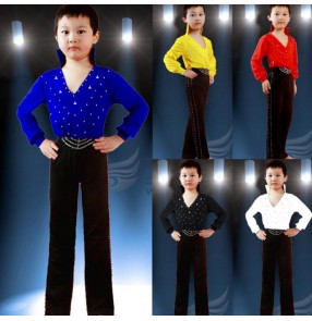 V neck stand collar rhinestones spandex long sleeves long pants boys kids child children baby school play stage performance competition leotard latin ballroom tango waltz dance dresses sets outfits dance wear sets 